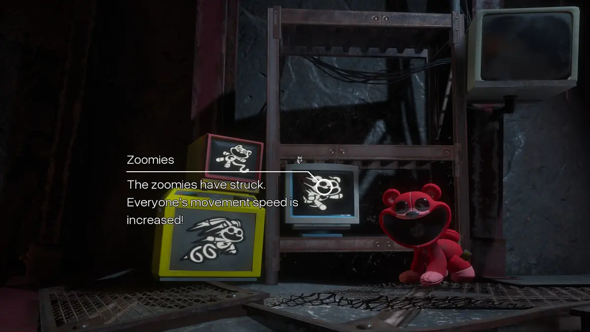 A creepy doll enemy in a red dress standing among factory classroom chairs